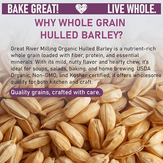 Great River Milling Organic Hulled Barley Grain | Whole Grain Barley for Home Milling Cooking and Baking | High Fiber Non GMO Kosher | 5 Lb
