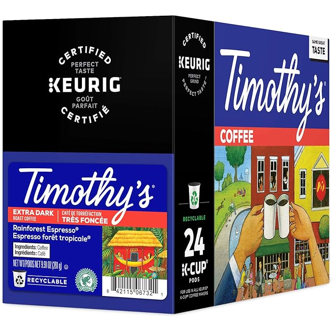 Timothy's Rainforest Espresso Single-Serve Keurig K-Cup Pods Extra Dark Roast Coffee 96 Count