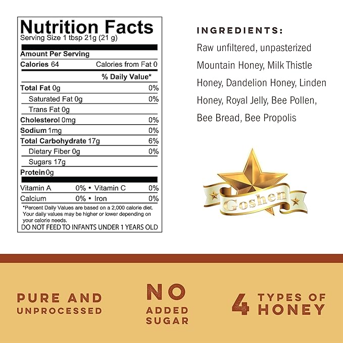 Goshen Amish Raw Honey Bee Complex - With 4 Types of Honey plus 4 Bee Hive Products - Unfiltered Unprocessed Pure &amp Natural Bee Essence - Wellness &amp Energy - Dairy &amp Gluten Free - 454g /