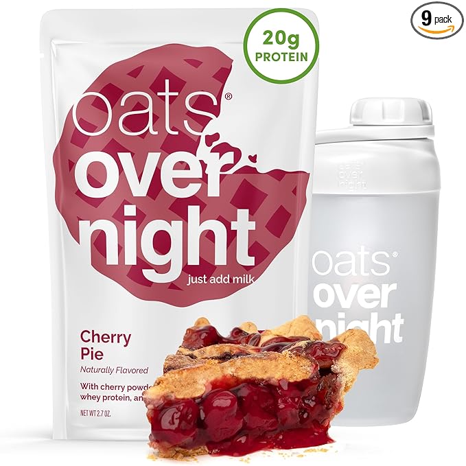 Oats Overnight Cherry Pie - Overnight Oats with 20g Whey Protein High Fiber Breakfast Protein Shake - Gluten Free Oatmeal Non GMO High Protein Oatmeal (2.7 oz per Meal) (8 Pack + Bottle)