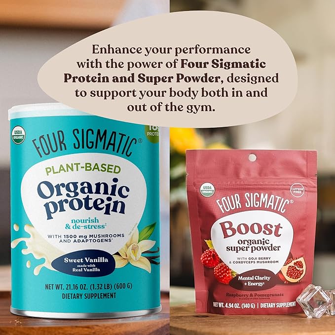 Four Sigmatic Plant Based Vanilla Protein + Perform Super Powder Workout Bundle Clean Vegan Protein for Brain Function and Immune Support | Superfood Powder with Adaptogens &amp Antioxidants