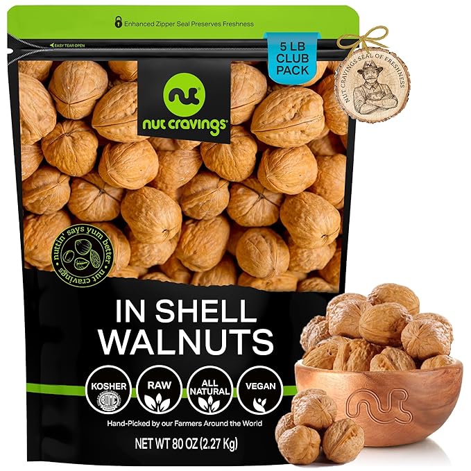 NUT CRAVINGS - Raw Walnuts In Shell Whole (80oz - 5 LB) Packed Fresh in Resealable Bag - Nut Snack - Food Assortments Ideal for Trail Mixed Nuts