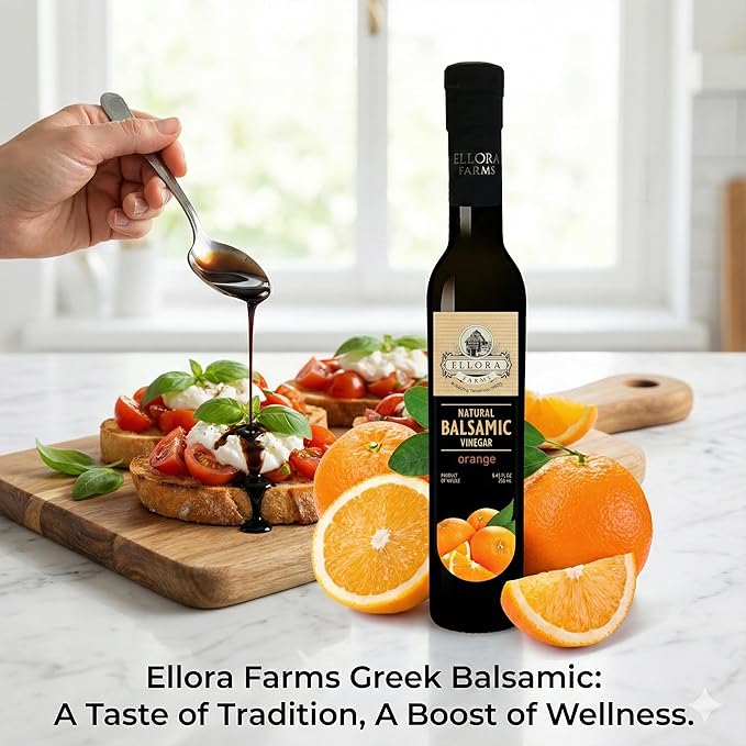Ellora Farms Orange Balsamic Vinegar Real Fruit Infused Thick Barrel Aged No-added sugars No-preservatives Glass bottle 8.5 oz (Orange)