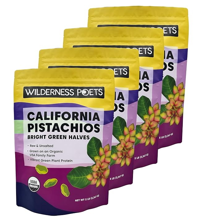 Wilderness Poets Organic Pistachios - Bright Green Pistachio Nut Halves No Salt Grown in California - 5 Pound (Pack of 4)