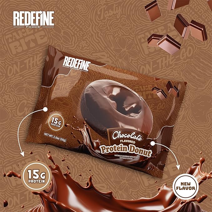 Redefine Foods Chocolate Protein Donut - 8 Count - Chocolate Flavor - 15g of Protein Per Serving - No Artificial Ingredients