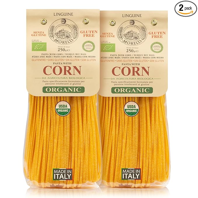 Morelli Organic Gluten Free Linguine Pasta Made With Corn - Vegan Corn Noodles Imported Organic Pasta from Italy Italian Gourmet Food - 8.8 oz - Pack of 2