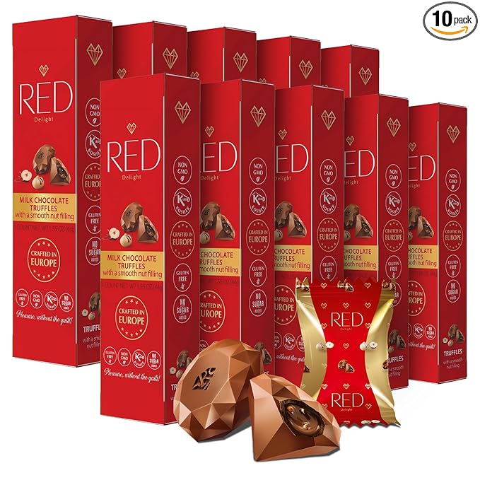 Red Delight Milk Chocolate Diamond Truffles with Smooth Nut Filling - Pack of 10 (With 40 Chocolate Truffles) 15.50oz Creamy Treats - Kosher No Added Sugar Gluten-Free European-Style Chocolates