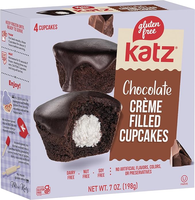 Katz Gluten Free 8pk. 2 Flavors Crème Cakes 2 Flavors Crème Cupcakes 4 Flavors Donuts. Free of Gluten Dairy Tree Nuts Peanuts Sesame and Soy. Kosher.