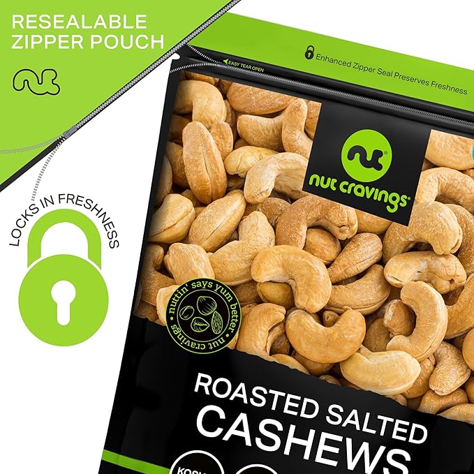 NUT CRAVINGS - Roasted Cashews Slightly Salted - Jumbo Whole (80oz - 5 LB) Packed Fresh in Resealable Bag - Nut Snack - Food Assortments