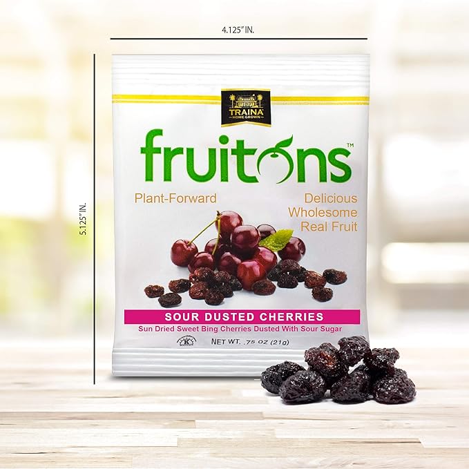 Traina Home Grown Fruitons Sun Dried Cherries Dusted With Sour Sugar - Non-GMO Gluten Free .75 oz bags (Pack of 18)