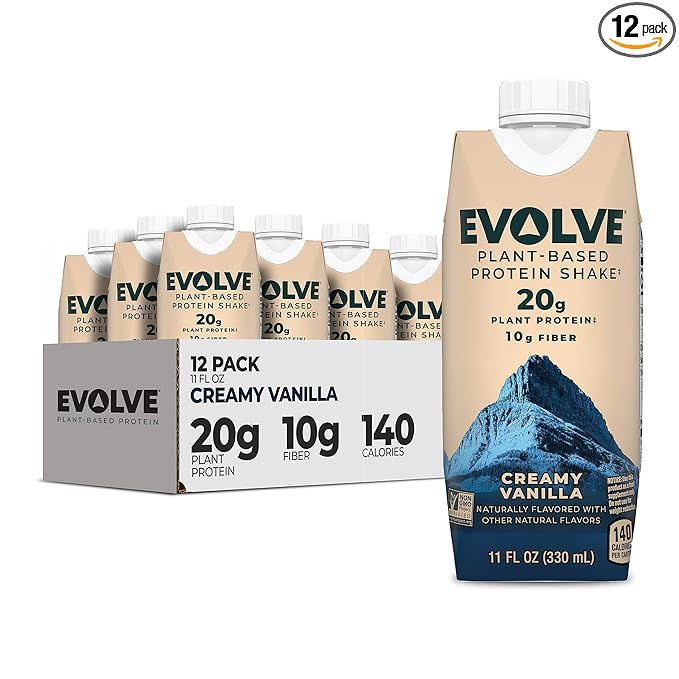 Evolve Plant Based Protein Shake Vanilla Bean 20g Vegan Protein Dairy Free No Artificial Sweeteners Non-GMO 10g Fiber 11 Fl Oz (Pack of 12) (Formula May Vary)