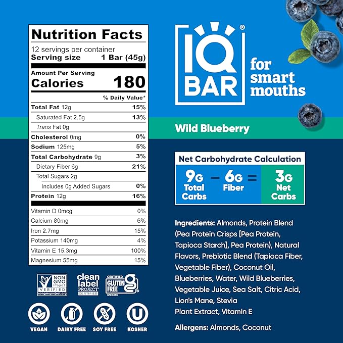 IQBAR Clean Plant Protein Bars - Banana Nut + Wild Blueberry 12 Count Bundle - Keto Vegan High Fiber Gluten and Dairy Free Low Sugar Snack - Brain and Body Nutrients for Focus Energy