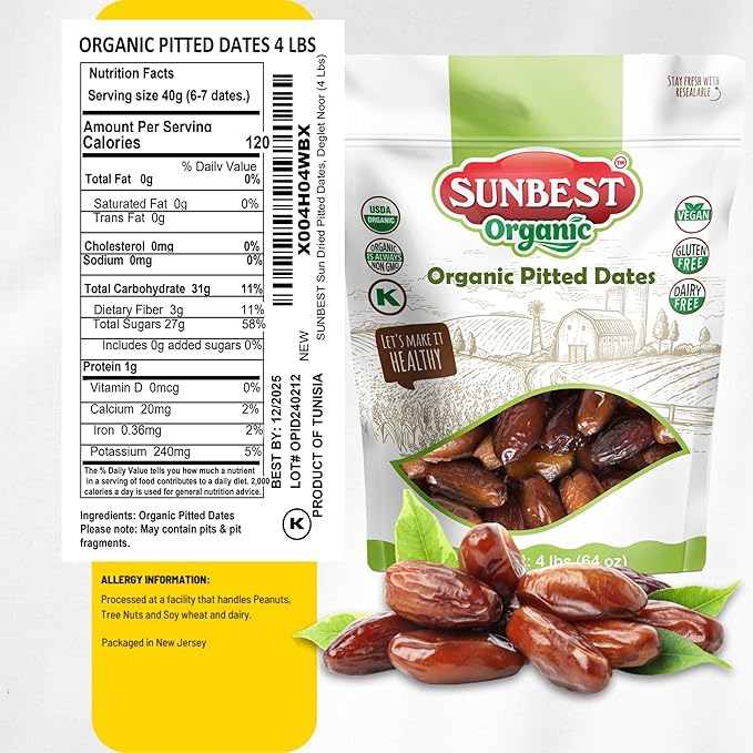Sunbest Natural Deglet Noor Organic Dates 4 lbs – Pitted &amp Whole – Bulk Dried Fruit Snack For Kids &amp Adults – Naturally Sweet For Baking &amp Cooking – Chewy Fiber Rich Kosher &amp No Sug