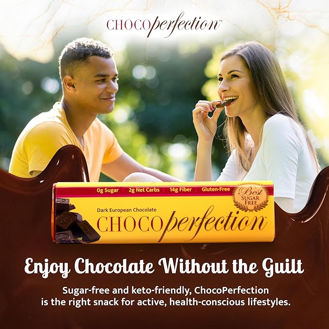 ChocoPerfection Sugar Free Dark Chocolate Bars - Keto-Friendly Gluten-Free and Vegan - No Maltitol and Fiber-Rich with Low Glycemic &amp Low Carb Snacks - European Taste - Box of 12 Bars (50g each)