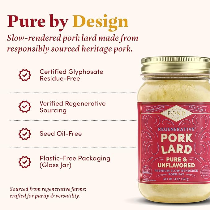 FOND Regenerative 100% Pork Lard for Cooking and Baking – 14oz Pure &amp Unflavored Rendered Lard Shelf‑Stable Pasture-Raised Pork Fat for Cooking Sautéing Roasting High Smoke Point Seed Oil‑Fre