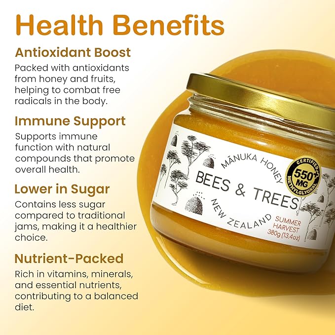 Bees &amp Trees Manuka Honey 550+ MGO - Raw Pure New Zealand Monofloral Honey – Unpasteurized &amp Natural Unfiltered Manuka for Tea Coffee Dressings Smoothies &amp Daily Use – Glass Jar 380g (