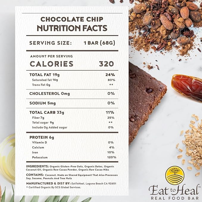 EatToHeal Chocolate Chip Real Food Bar - Organic Vegan Healthy Gluten Free Protein Bars - Low Sugar Meal Replacement Bar Non GMO Never Baked Plant Based - Crafted to Enjoy Not Sit on Shelves
