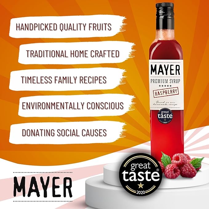 Mayer Premium Artisan Hungarian Raspberry Syrup – Award-Winning Real Fruits and 3 Natural Ingredients Vegan Gluten Free Dairy Free Versatile for Beverages &amp Desserts – No Artificial Additives