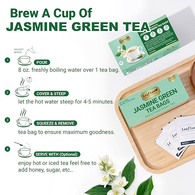 LeafLea 80 Jasmine Green Tea Bags Green Tea with Natural Jasmine Aroma Light Focus &amp Daily Balance Delicate Floral and Smooth Taste Caffeinated Sugar-Free Non-GMO Vegan Individually Wrappe