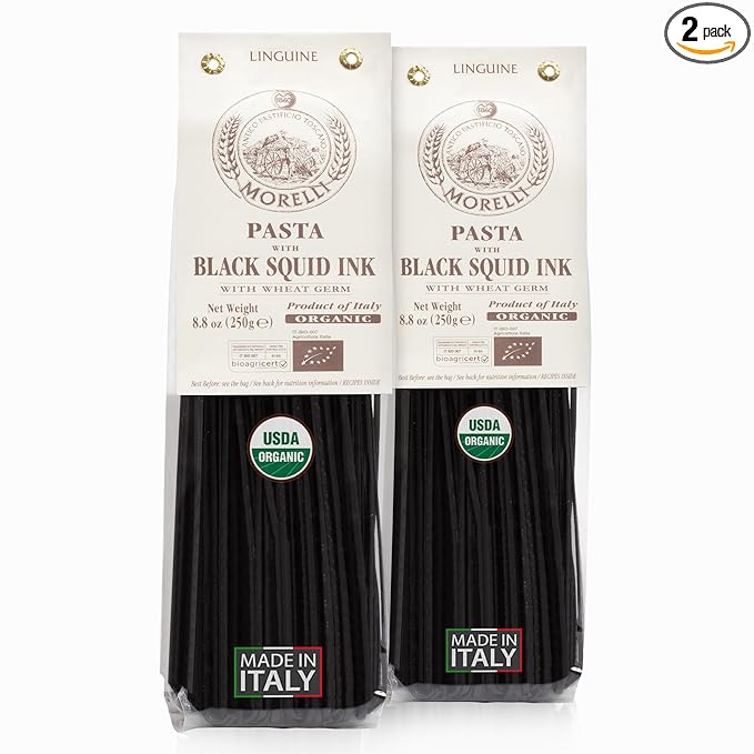 Morelli Squid Ink Pasta Linguine - Organic Black Pasta Noodles Durum Wheat Semolina Italian Nero Di Seppia Made in Italy - 8.8 oz / 250 g (Pack of 2)
