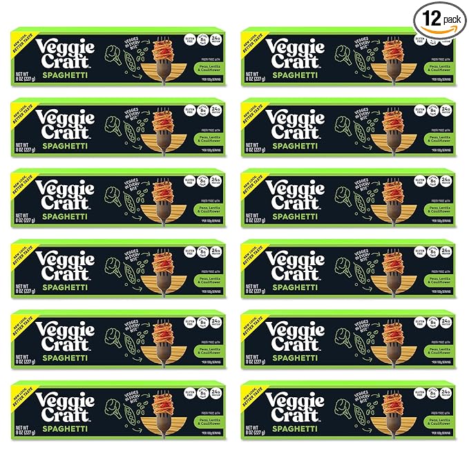 Veggiecraft Farms Spaghetti Pasta - Gluten Free Thin Pasta Noodles Made with Cauliflower Lentil &amp Peas Low Carb High Protein Vegan Healthy Pasta Plant Based High Fiber - 8 Oz (Pack of 12)