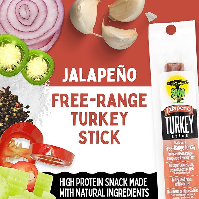 Jalapeño Turkey Sogo Snacks No Sugar Low Carb Free-Range from a 3rd Generation Independent Family Farm. Gluten Free Hiking Snacks. Keto Whole Paleo Friendly (Jalapeño Turkey 48 Count)