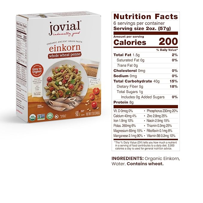 Jovial Einkorn 100% Organic Whole Grain Penne Rigate - Einkorn Pasta High Protein Non-GMO USDA Certified Organic Lower Carb Delicious Pasta Made in Italy - 12 Oz 6 Pack