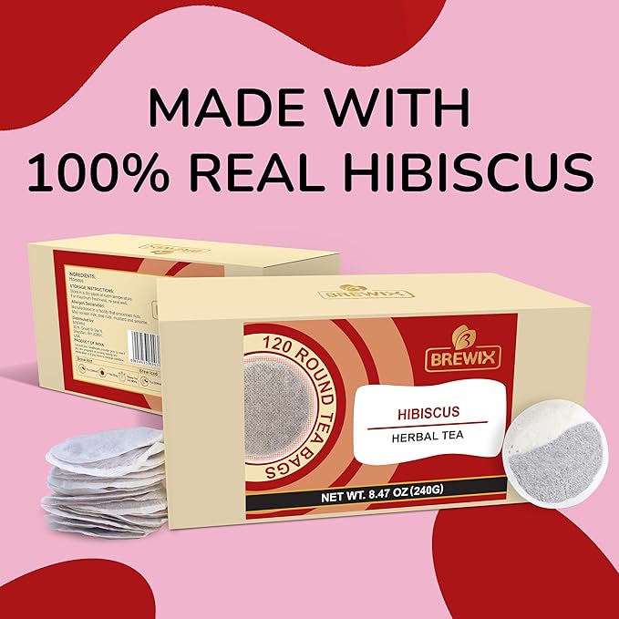BREWIX Hibiscus Tea Bags (120 Round Tea Bags) | Caffeine-Free Made with Real - Hibiscus Flowers | Naturally Contains Antioxidants &amp can support Overall Health | Premium Quality Round Eco Conscio