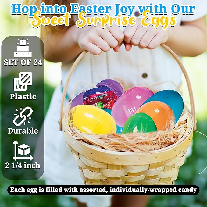 Fun Express Prefilled Easter Eggs Bulk 24 Count - Premium Candy Filled Plastic Eggs for Easter Hunt | Assorted Chocolate &amp Sweet Treats Inside | Perfect Easter Basket Stuffers for Kids Party Suppl