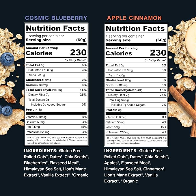 Mushroom Overnight Oats (6 Pack) Superfood Lions Mane Mushroom Chia &amp Flax Seed - Organic Protein Oatmeal - High Fiber Vegan Gluten Free Low Sugar - Easy Prep Plant Protein - Apple Cinnamon &a