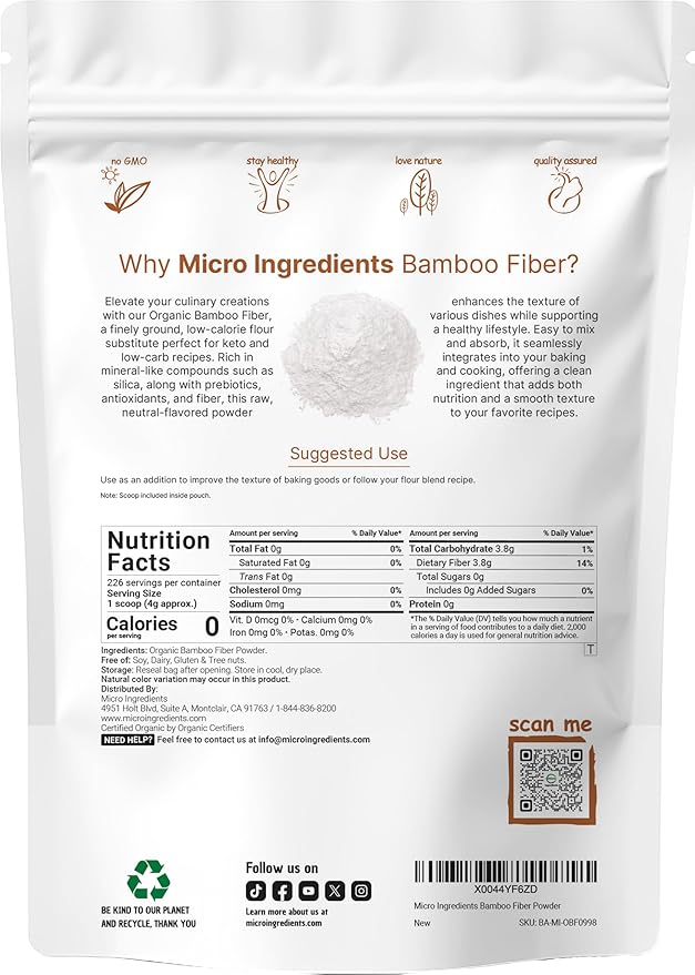 Organic Bamboo Fiber Powder 2lbs | Keto Flour for Low-Carb Baking &amp Cooking | Low Calorie Flour | Rich in Silica Prebiotics &amp Minerals | Non-GMO Keto Friendly Gluten Free
