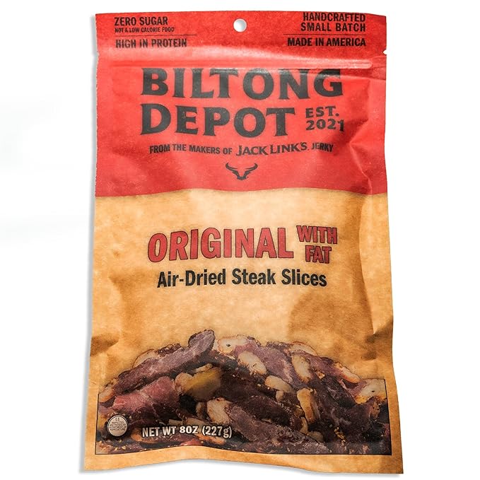 Biltong Depot Original Beef Biltong Slices with Fat – 8oz | Air-Dried Beef Jerky Snack | High Protein | Zero Sugar | Keto &amp Paleo Friendly | Gluten Free | No Artificial Preservatives | No MSG