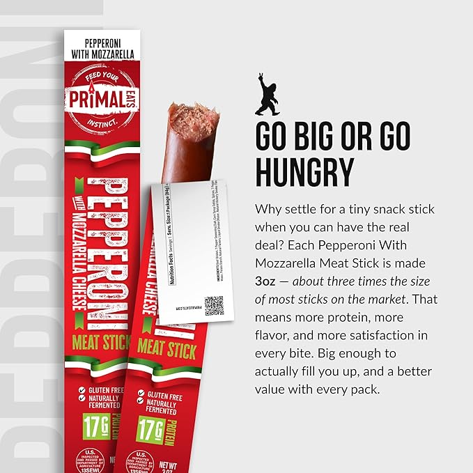 Primal Eats Pepperoni W/Mozzarella Beef Brisket Meat Sticks 3oz 10-Pack - 19g Lean Meat Protein Keto Paleo Carnivore Gluten Free low Sugar Beef Jerky Snack Stick