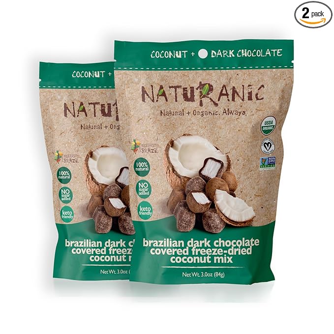 Naturanic Brazilian Dark Chocolate Covered Freeze-Dried Coconut Snack Zero Carb Keto Friendly No Sugar All Natural Organic Vegan - Pack of 2
