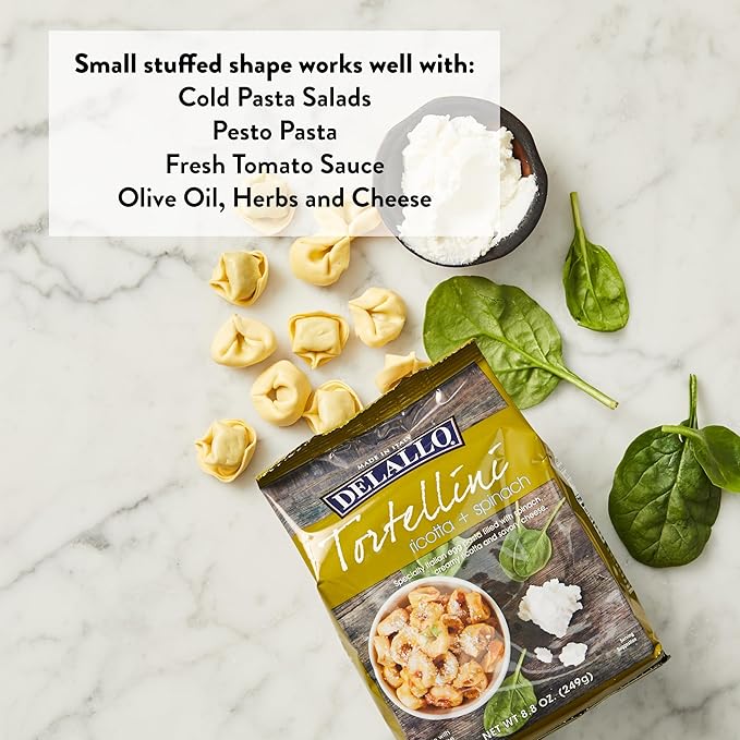 DeLallo Tortellini Pasta with Ricotta and Spinach Made in Italy Egg Pasta Non-GMO Tree Nut Free Peanut Free 8.8 oz Bag (12 Pack)