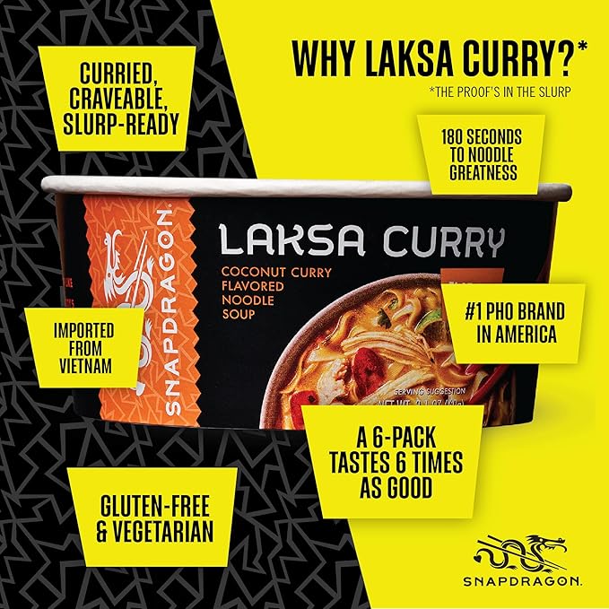 Snapdragon Laksa Curry Instant Noodle Bowls | Coconut Curry Flavor with Rice Noodles | Gluten-Free | No MSG Added | 2.1 oz (6 Pack)
