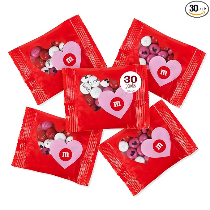M&ampM’S Heart Party Favors Set of 30 Milk Chocolate Valentine’s Gifts for Groups Classroom Exchanges and Party Décor Individually Wrapped Red White and Pink M&ampM’S with Heart and LOVE Desig