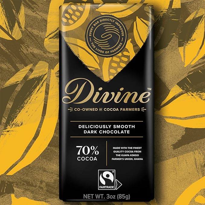 Divine Chocolate Bars - 70% Dark Chocolate - Made with Fairtrade Cocoa Natural Ingredients No Artificial Flavors | 3oz. Bars (12 Pack)