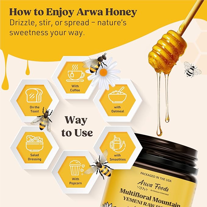Arwa Foods Multifloral Mountain Yemeni Raw Honey - Royal Yemeni Raw honey from Wadi of Douan - Sealed &amp Packaged in USA - 100% Unfiltered Raw &amp Pure Honey (8.82 oz)