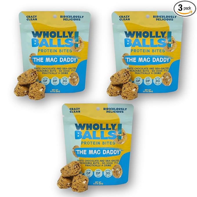 Wholly Balls Protein Bites – Healthy Plant-Based Snack | High Protein Low Sugar Gluten-Free Energy Balls (Pack of 3 Mac Daddy)
