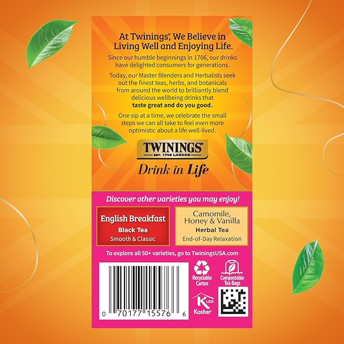 Twinings English Afternoon Black Tea Individually Wrapped Bags 20 Count (Pack of 6) Smooth &amp Slightly Sweet Caffeinated Enjoy Hot or Iced 120 Teabags