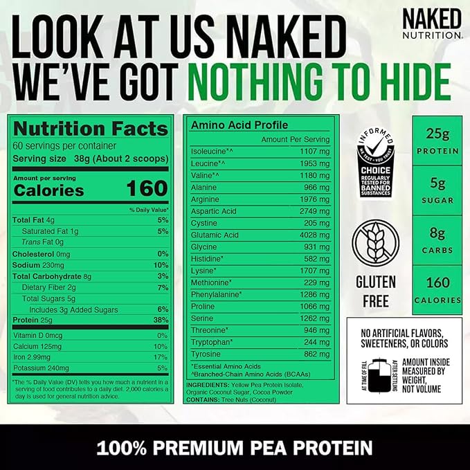 NAKED Chocolate Pea Protein Isolate 5LB Bulk PB Powdered Peanut Butter 1.5LB (45 Servings) – Plant-Based Vegan Non-GMO Gluten Free Soy Free Lactose Free