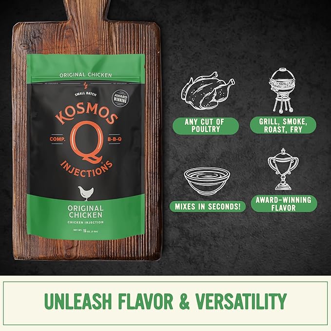 Kosmos Q Original BBQ Chicken Injection BBQ Marinade Seasoning for Whole Chicken Smoked Wings &amp Roasted Meats Award-Winning Competition Blend Moisture-Retaining Formula 16 Oz Jar
