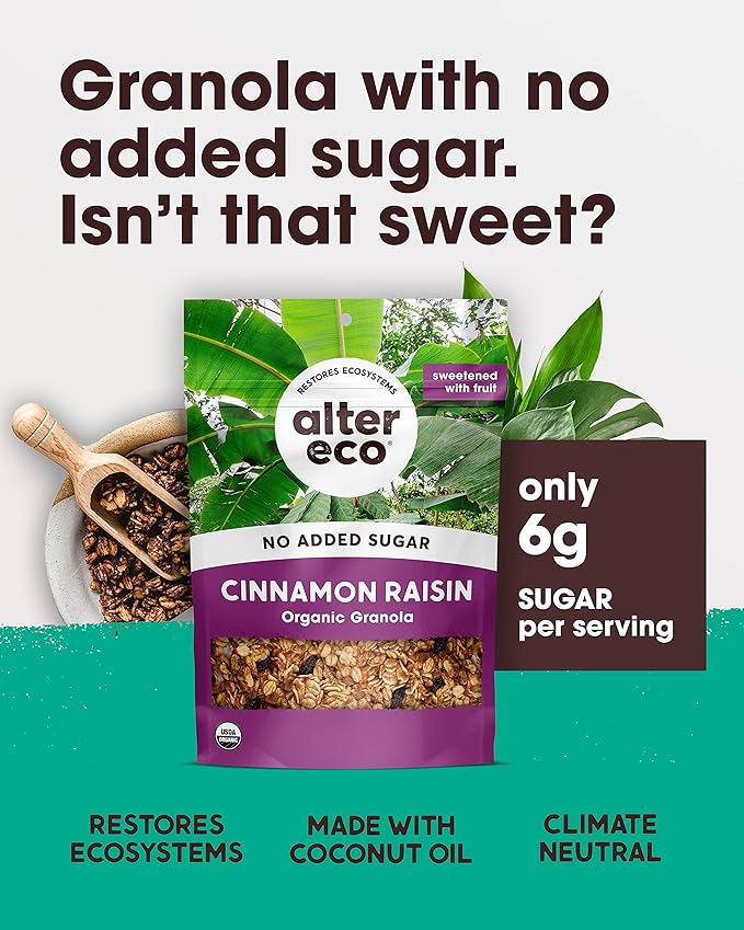 Alter Eco Cinnamon Raisin Granola Healthy Organic Breakfast &amp Snack Naturally Sweetened with Fruit Vegan No Artificial Sugars or Additives Regeneratively-Farmed Oats (Cinnammon Raisin - 6 Pa