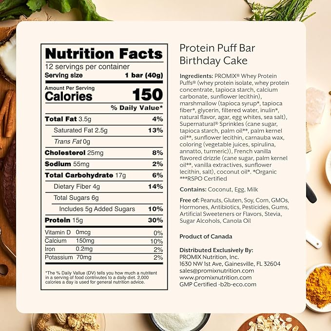 ProMix Nutrition Protein Puff Bars - Birthday Cake - Marshmallow Crispy Treat - Great Tasting &amp Healthy On The Go Snack - High Protein &amp Low Calorie - Free From Gluten Soy &amp Corn - 12 Ba