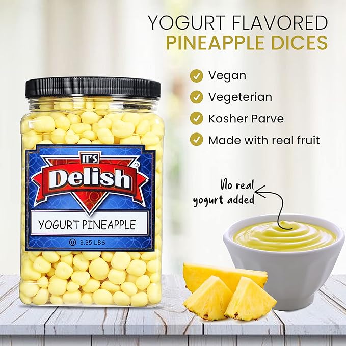 Yogurt Covered Pineapple Dices by It's Delish 3 LBS Jumbo Container | Kosher Dairy-Free Jumbo Yogurt Covered Fruit for Vegan Snacking | Dried Diced Pineapple Coated in Yogurt-Flavored Shell Snack Tre