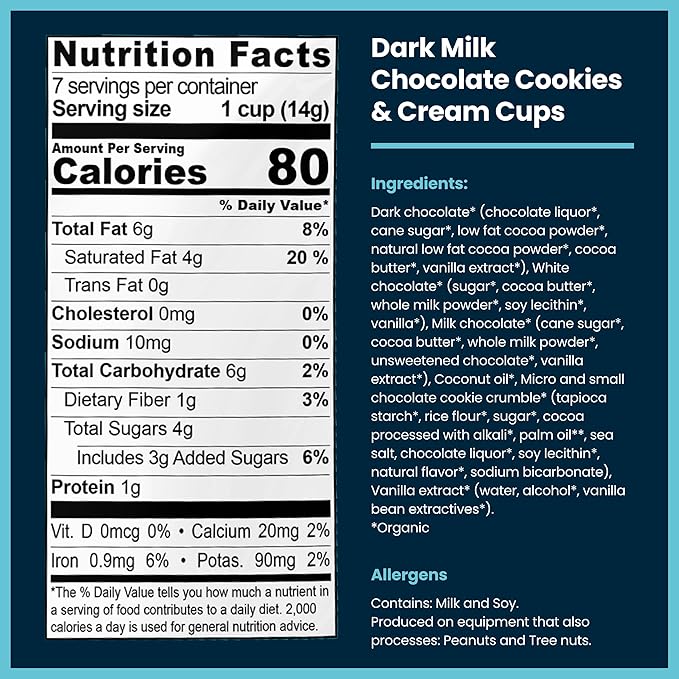 Chocxo Dark Milk Chocolate Cookies &amp Crème Cups - Lower Sugar 69% Organic Cacao NonGMO Keto Gluten Free Kosher No Artificial Sweeteners/Sugar Alcohols 3.45 oz (Pack of 6)