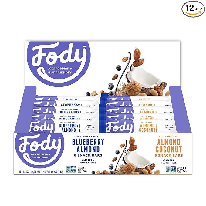 Fody Foods Snack Bars Variety Pack 1.41 Oz (Pack of 12) Almond Coconut &amp Blueberry Almond Protein Bars Low FODMAP Gut &amp IBS Friendly Vegan Lactose Free Non-GMO Gluten Free