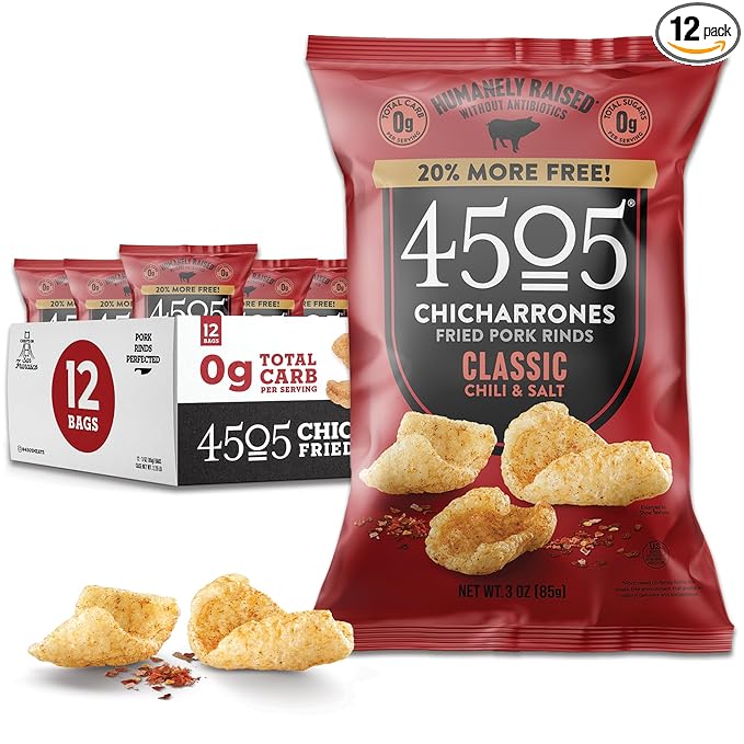 4505 Classic Seasoned Chicharrones Fried Pork Rinds - Chili &amp Salt Flavored Pork Skins - Low Carb Gluten-Free Protein Snack - 3oz (Pack of 12)