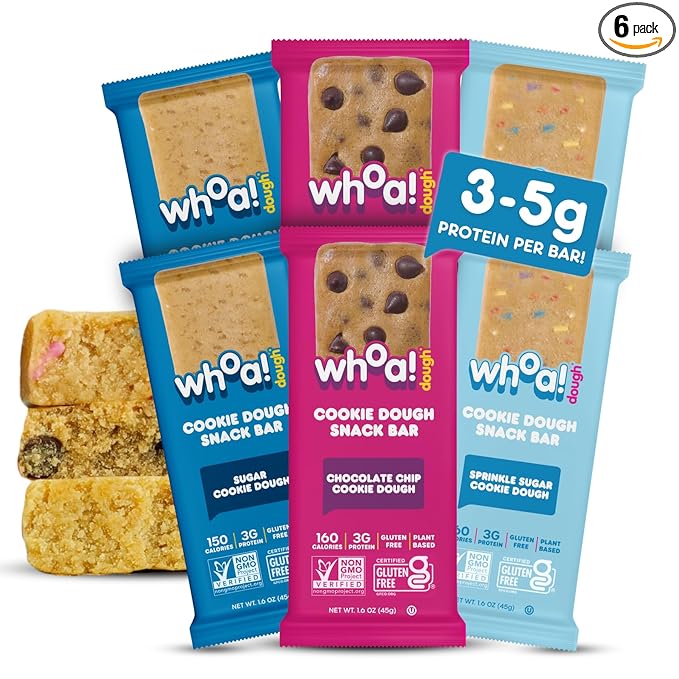 Whoa Dough Allergen Friendly Edible Cookie Dough Bars- Certified Non-GMO Kosher and Gluten Free Bar - Healthy Snack Foods - Plant Based Snacks - Real Ingredients - Variety Pack (6 Bars)